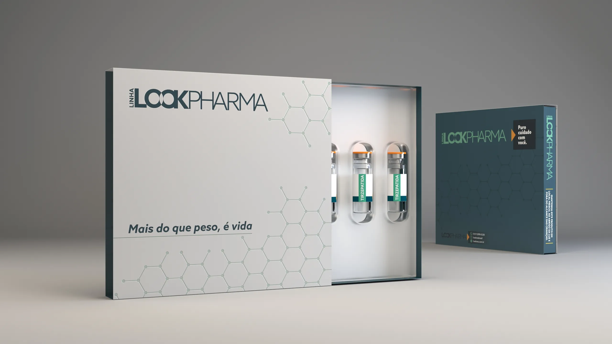 Embalagem Lookpharma aberta com três ampolas acondicionadas