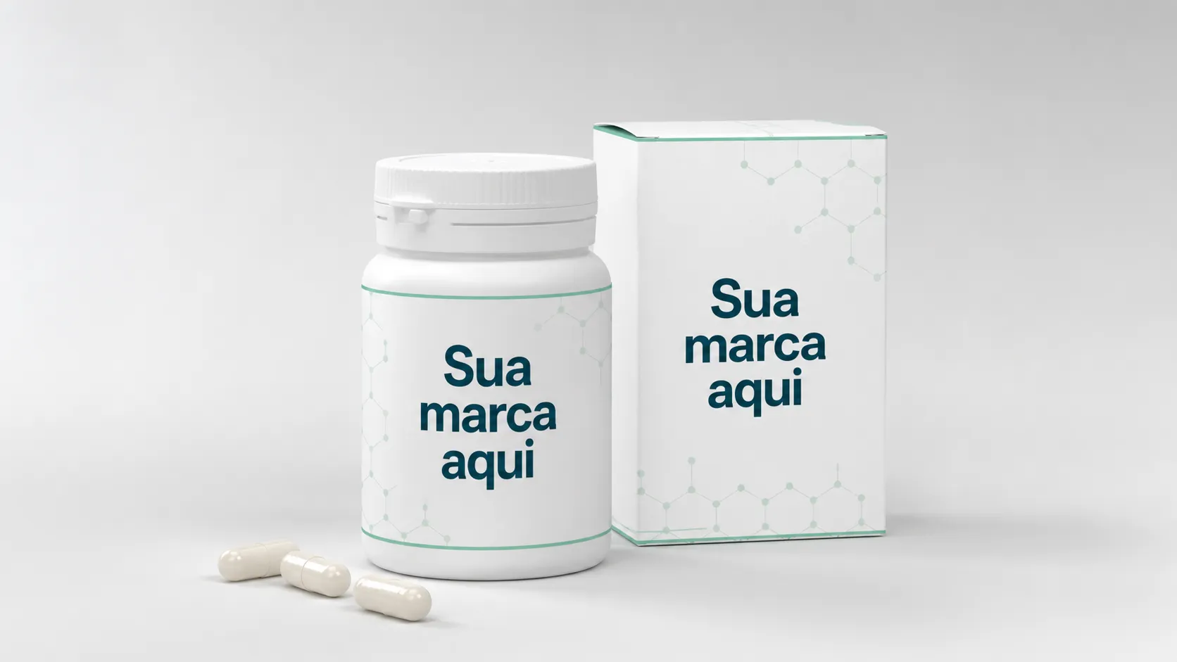 Frasco e cartucho de encapsulados com a inscrição Sua marca aqui na identidade visual Lookpharma
