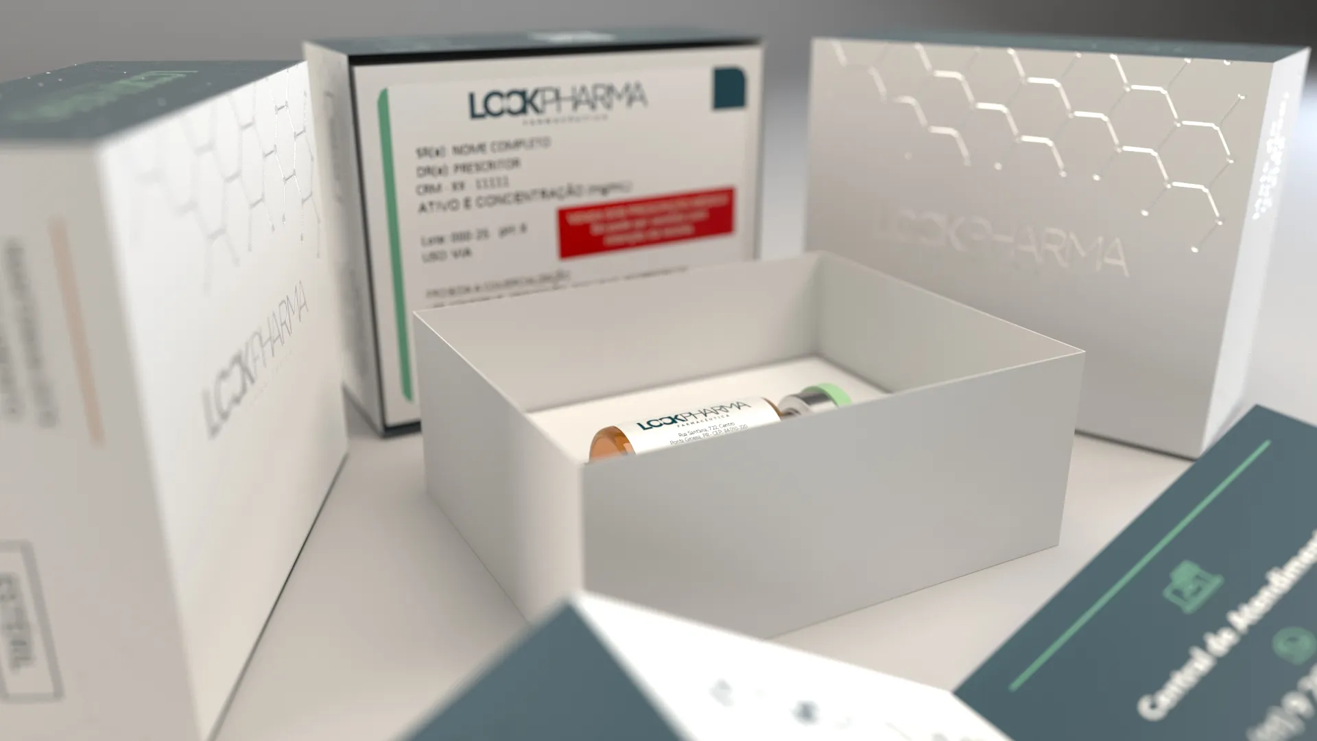 Kit Lookpharma aberto com ampola, embalagem e material de orientação